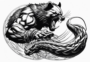 A wolverine animal fighting a snake with a vertical layout to go from shoulder to bicep tattoo idea