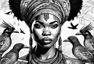 African woman warrior holding a spear with a mean look on her face with birds and leafys in the background and tattoo idea