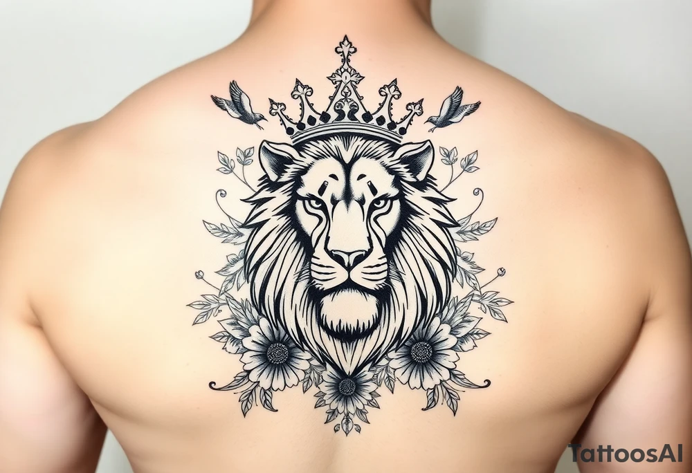 powerful majestic lion with a crown, surrounded by floral ornaments and birds tattoo idea