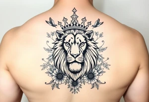 powerful majestic lion with a crown, surrounded by floral ornaments and birds tattoo idea