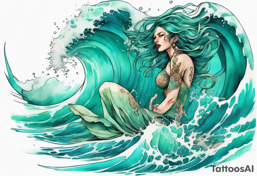 a beautiful turquoise lamia emerging from an ocean wave, crashing onto the shore tattoo idea