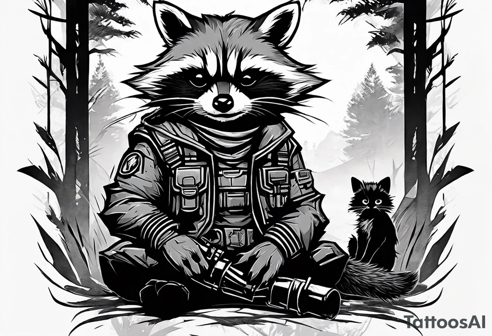 Rocket raccoon sitting with a small black  house cat tattoo idea