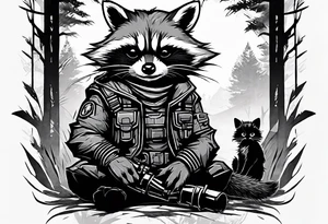 Rocket raccoon sitting with a small black  house cat tattoo idea