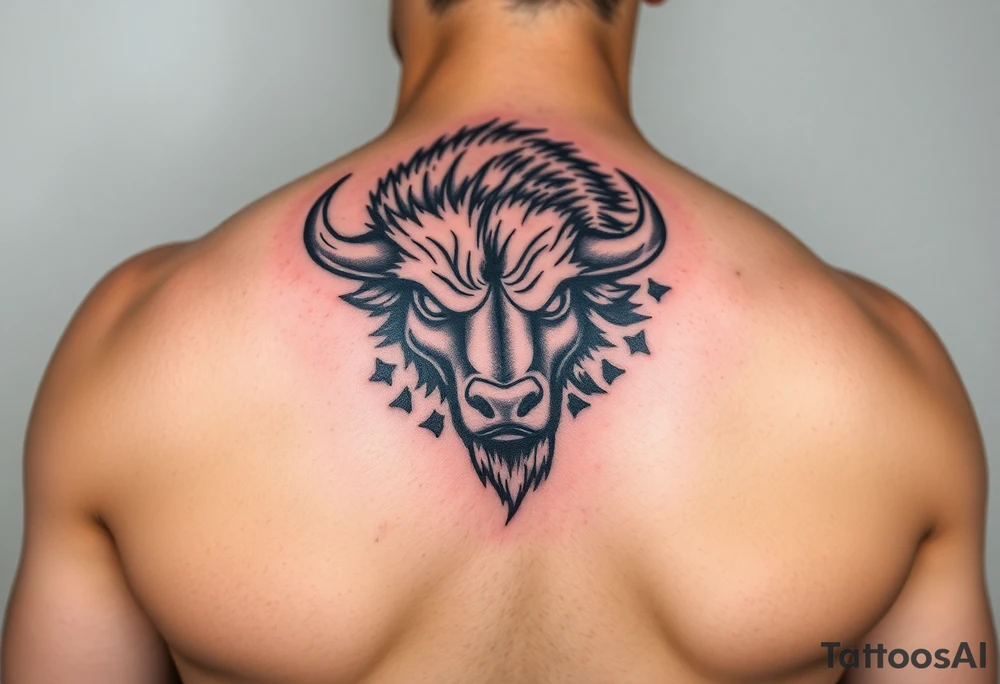 Powerful Buffalo head, charging face first into a snow storm, Stanford logo as a brand, on bicep shoulder. tattoo idea
