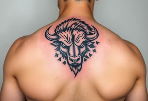 Powerful Buffalo head, charging face first into a snow storm, Stanford logo as a brand, on bicep shoulder. tattoo idea