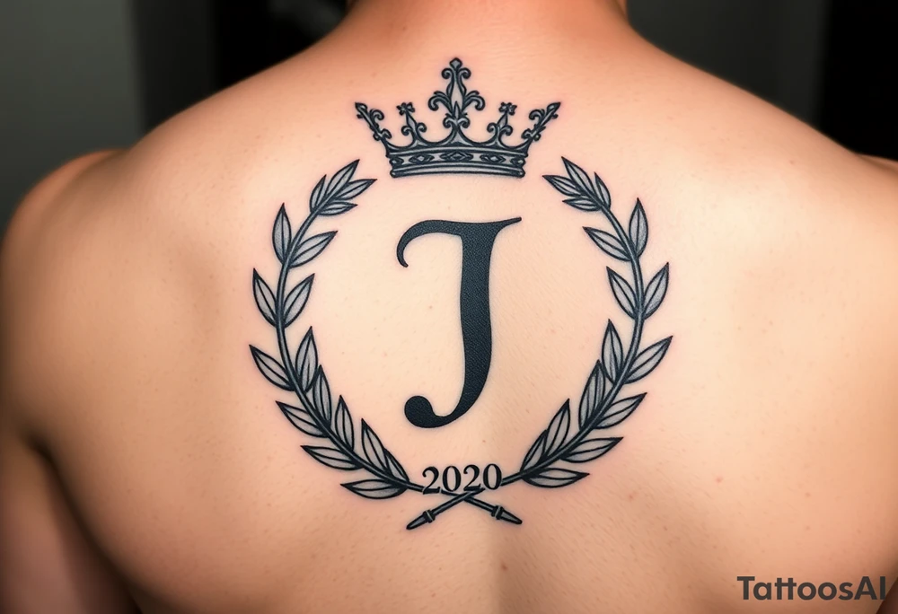 I would like to have an example for a tattoo. In which the initial J is central with a laurel wreath from bottom to top and a crown on top. Furthermore, please include a birth year 2020 or his birth date in Roman tattoo idea