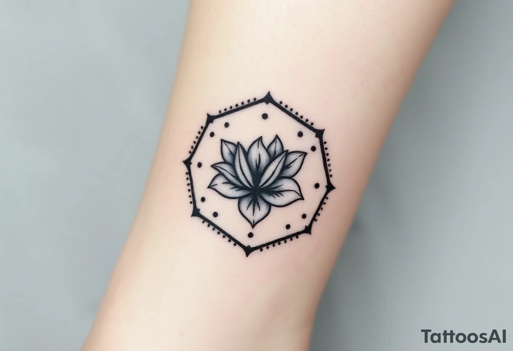 Hexagon with astrological sign for Leo,  larkspur and water lilies in the center tattoo idea