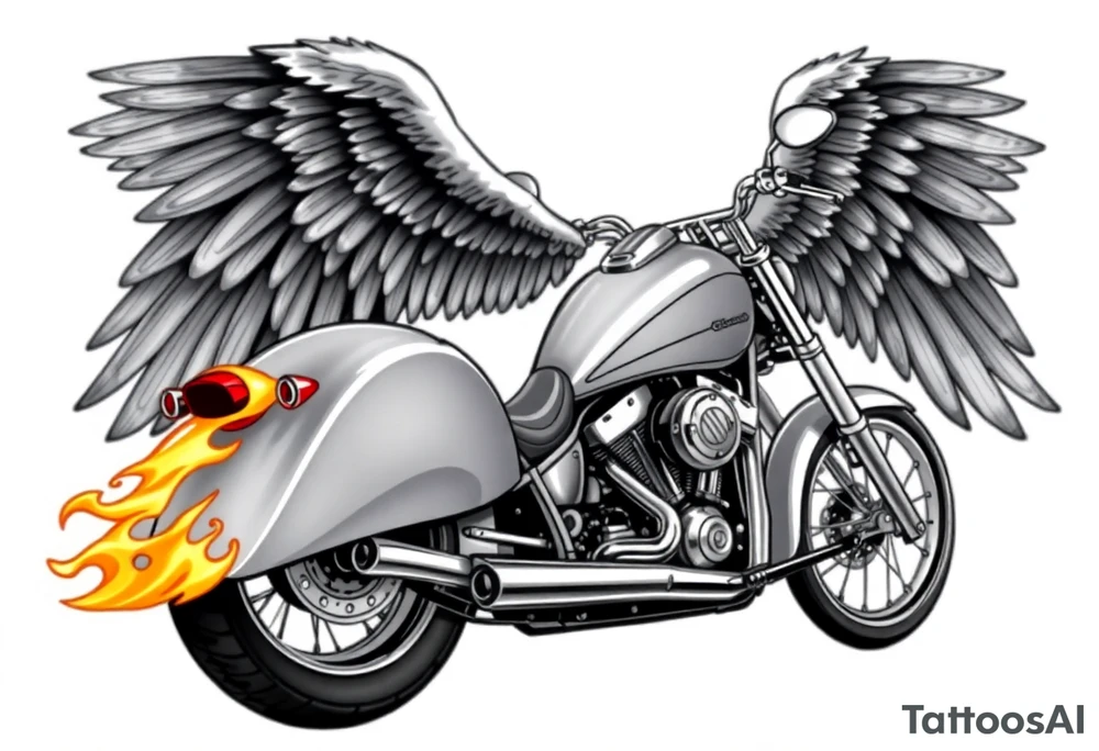 Low rider grey motorcycle, big muffler pipes with flames, angel wings, driving away, no person tattoo idea