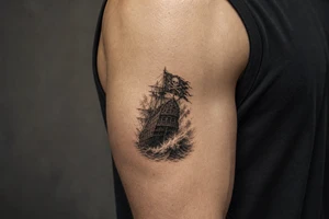 Detailed pirate ship stern, waves crashing over deck, tattered Jolly Roger flag. tattoo idea
