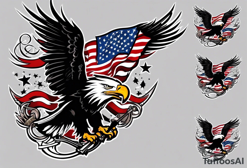 tattoo featuring an American eagle, 

add the words "Death Before Dishonor" on a scroll or something, add a sword or knife 

bottom left is closest, background filling not needed. 

use the Eagle style face of the bottom right

left hand side drawings are great, add a in the Eagles talons, remove background tattoo idea