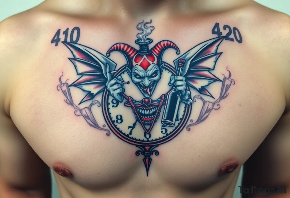 a evil jester clown floating in smoke with a  clock, the time says 420,  with two open wings besides the clock, smoke as the spring rising from the clock, a jester clown coming out the smoke, smoking in one hand with a liquor bottle on the other hand tattoo idea