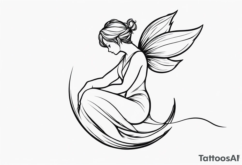Minimalistic, monochromatic fairy with a tail flying to the left in a fetal position, leaning and looking in the same direction, with visible hands, embodying the 'Fairy Tail' logo aesthetic. tattoo idea