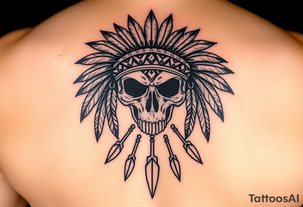 Native American skull with head dress and arrows below tattoo idea