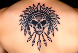 Native American skull with head dress and arrows below tattoo idea