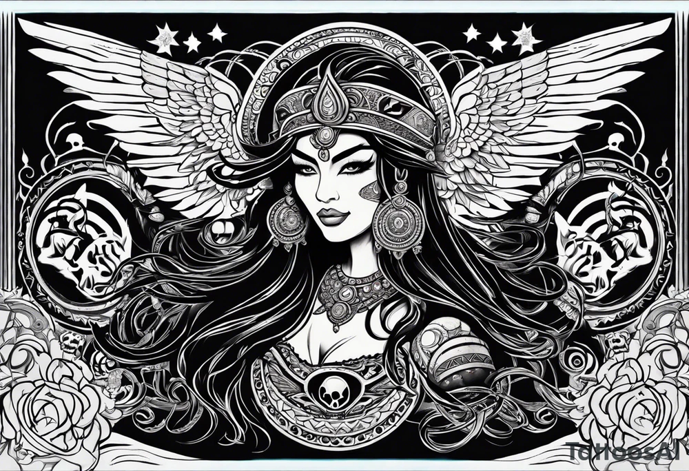 black kali, goddess pirate, alien, angel, pachamama, valkrye, warrior, flying, skull, lotus azul, wing, eagle, zenza resonance, stars, 5D, anahata chakra, death, durga, riding on a tiger, flying lady tattoo idea