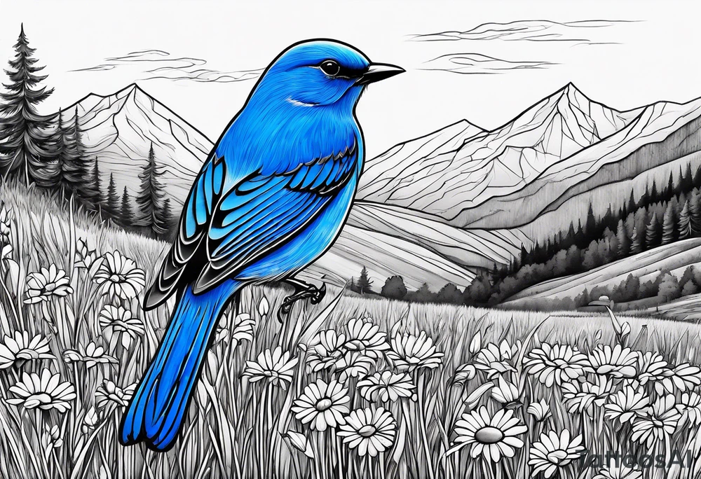 Small blue bird in field of grass and daisys Mountain View in distance tattoo idea