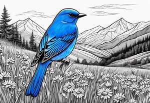 Small blue bird in field of grass and daisys Mountain View in distance tattoo idea