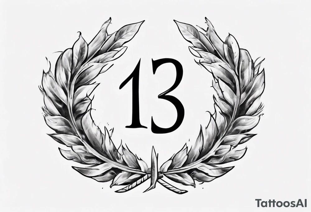 The number 13 in the middle of a laurel leaf wreath, a sword is under the number. tattoo idea