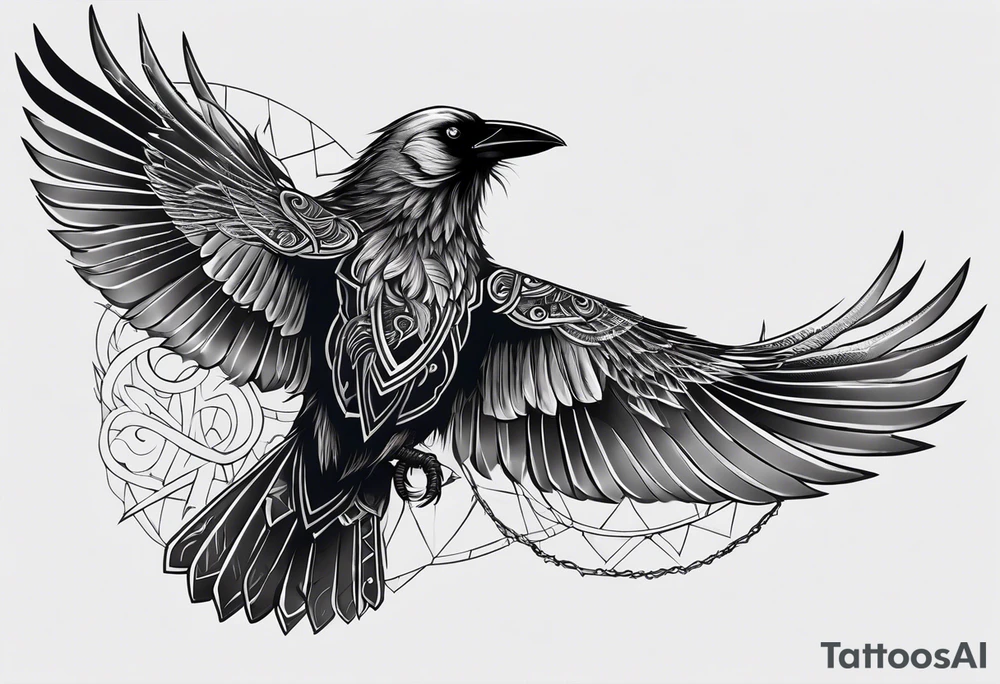 Create a crow which is set in the Viking's mythology, the tattoo must be full right-arm sized, add background tattoo idea