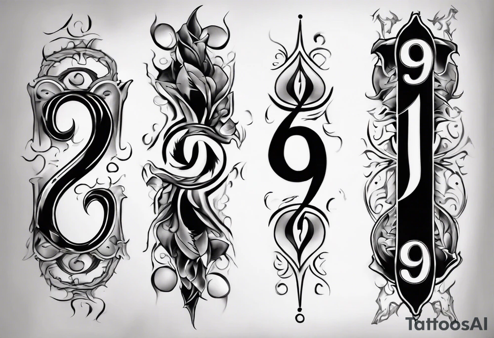 number 9 right side up and upside down connected tattoo black and grey on inside forearm 9:16 aspect ratio tattoo idea