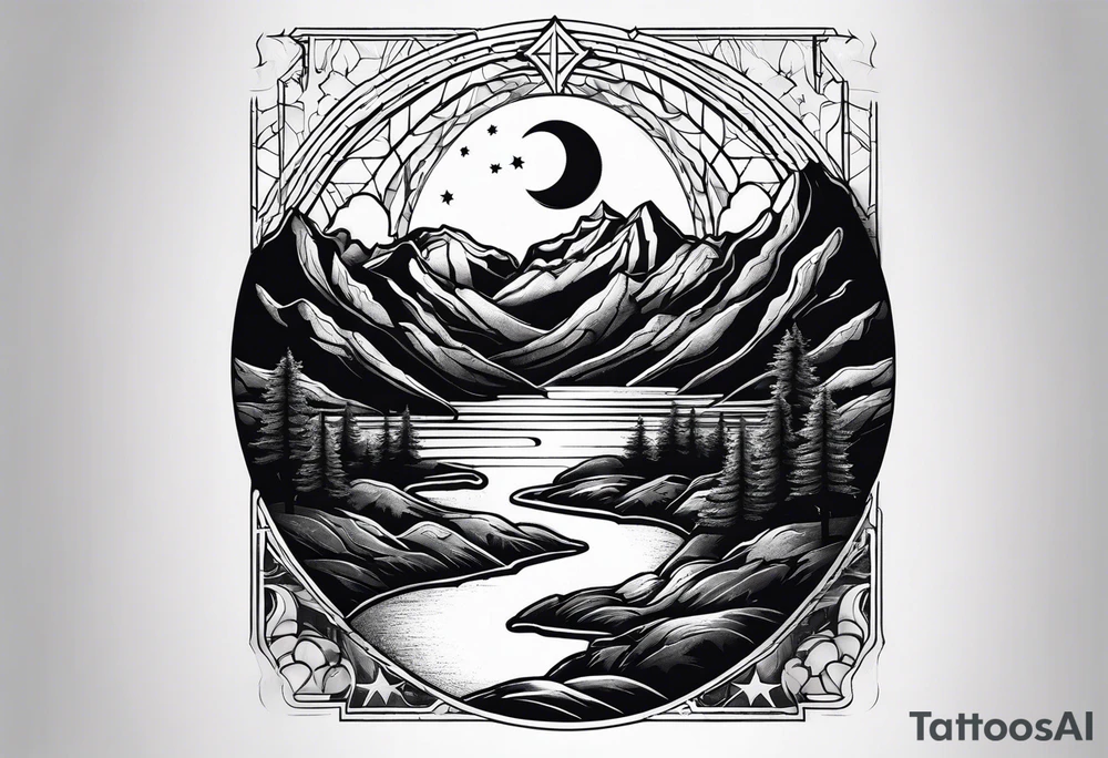 nature with mountains, waterfall, water, and a cross in the background and and moon/sun in the sky with stars tattoo idea