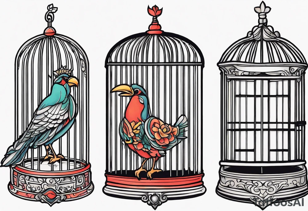 neo traditional decoration only on the left side, on the top of a long bird cage with a too big bird in it. tattoo idea