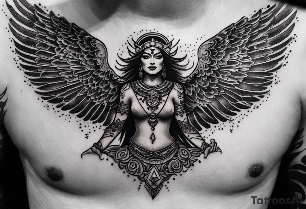 black kali, goddess pirate, alien, angel, pachamama, valkrye, warrior, flying, skull, lotus azul, wing, eagle, zenza resonance, stars, 5D, anahata chakra, death, durga, riding on a tiger, flying lady, chest tatoo tattoo idea