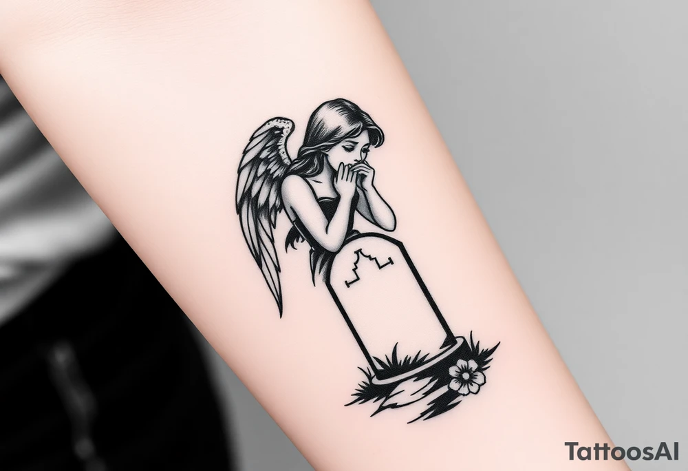 Beautiful woman angel crying over a tombstone tattoo idea