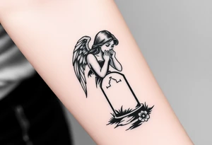 Beautiful woman angel crying over a tombstone tattoo idea