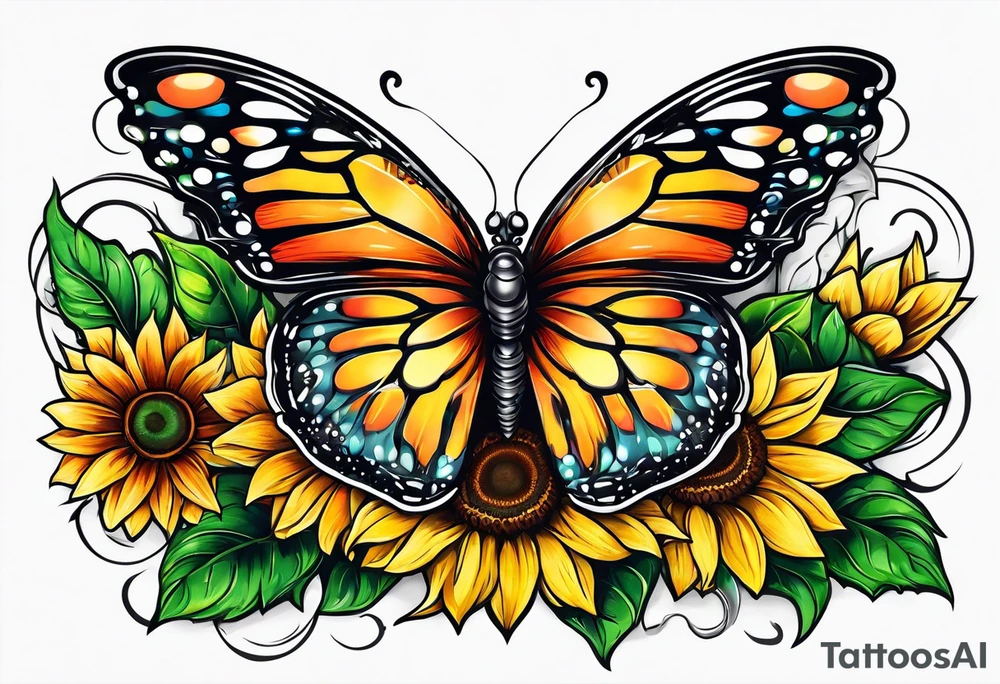 Half butterfly half sunflower tattoo idea