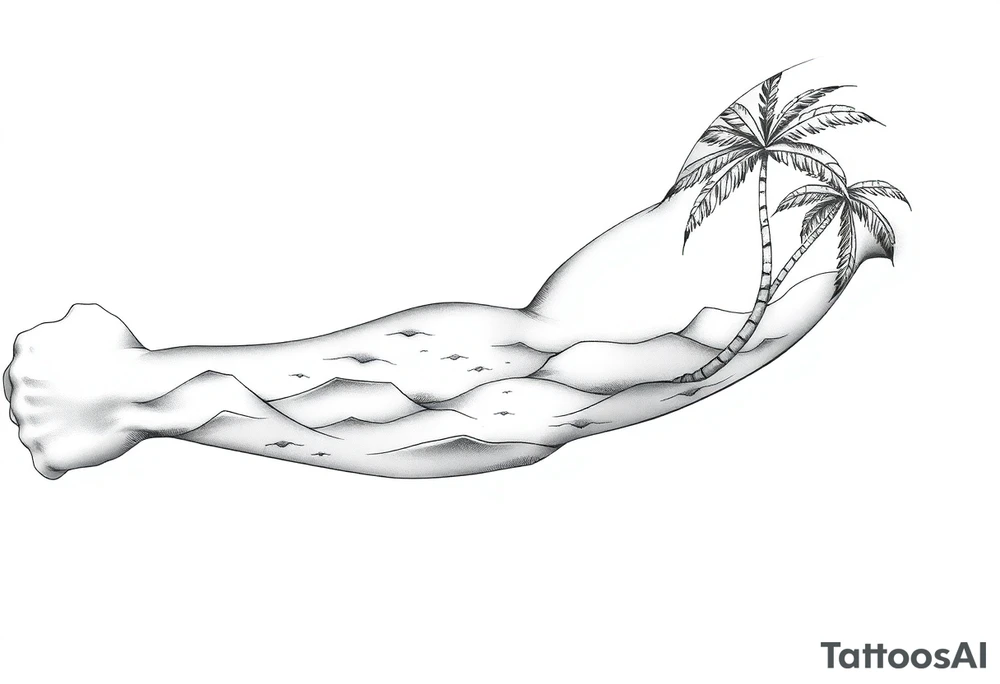 fine line, peaceful, serene, timeless, ocean, sand, palm tree, sun tattoo idea