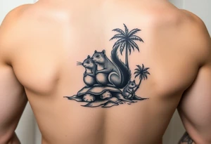 Squirrel family of 4 on an island with palm trees tattoo idea