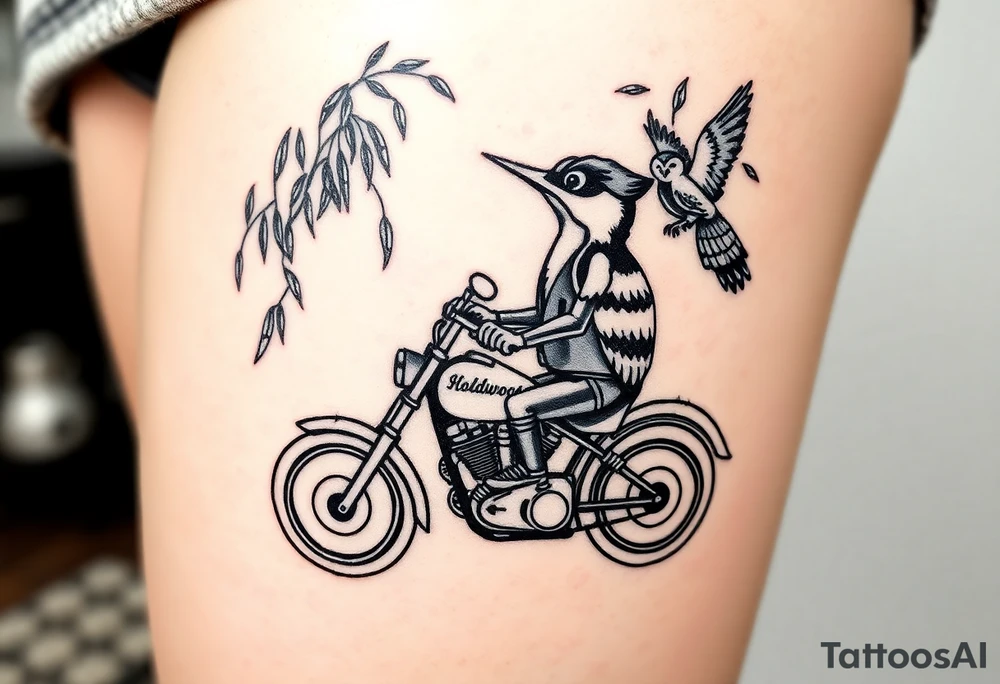 Woody the woodpecker wearing a leather vest that says peckerwoods, on a Harley Davidson under a willow tree, gazing in love at a barn owl tattoo idea