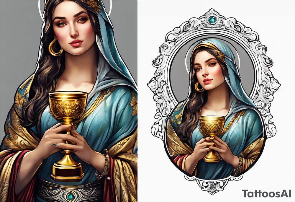 woman saint holding chalice surrounded by golden halo portrait tattoo idea