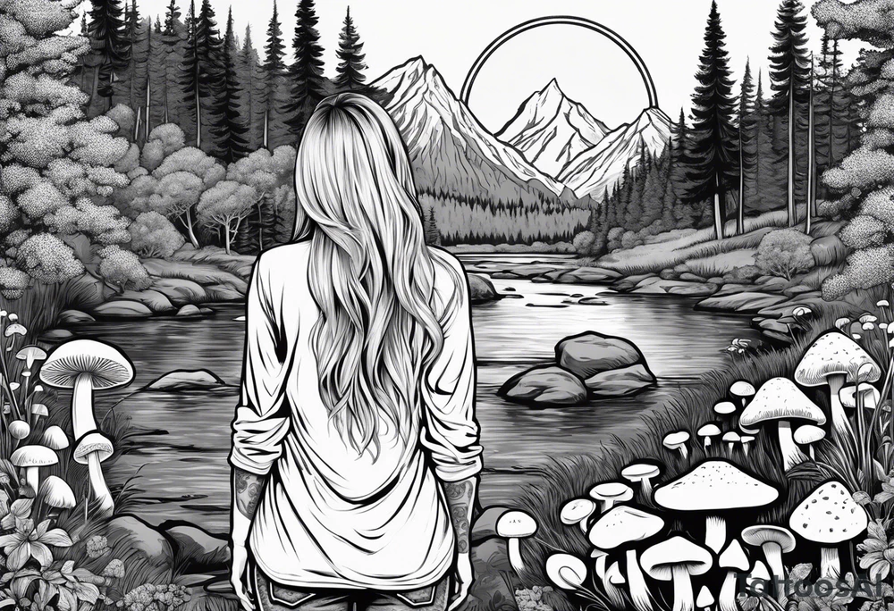 Whole picture encircled fully

Straight long blonde hair hippie girl in distance holding mushrooms in hand facing away toward mountains and creek surrounded by mushrooms long sleeve shirt and hiking pants; whole rendering within a full circle, no cut off circle tattoo idea