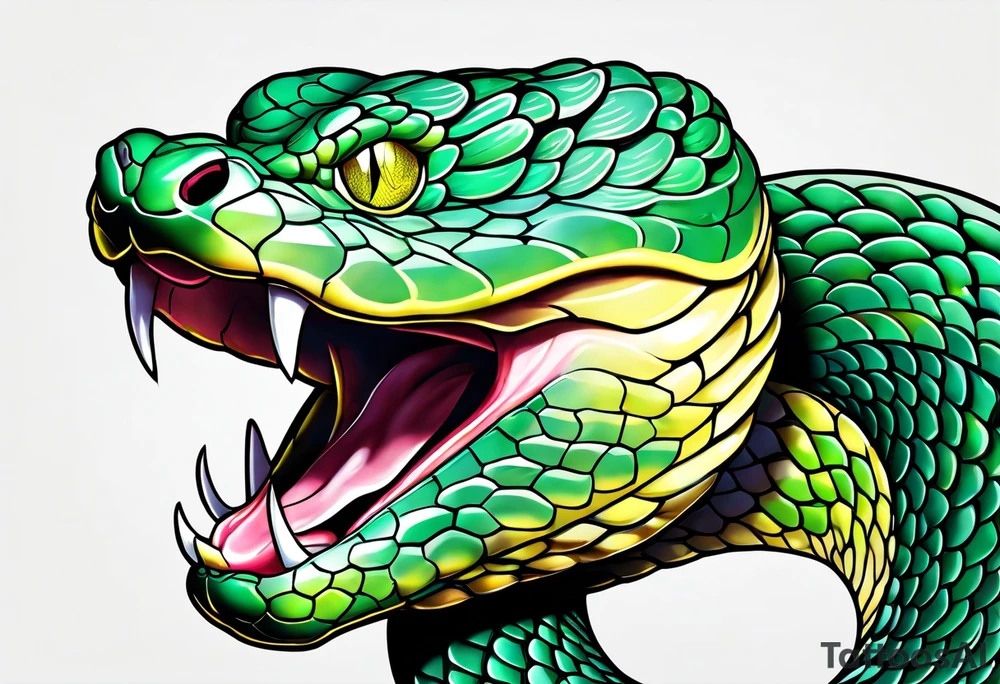 A green pit viper with mouth open showing fangs tattoo idea