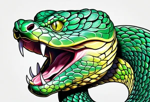A green pit viper with mouth open showing fangs tattoo idea