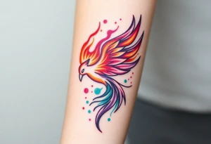 Phoenix with blazing flames with purple, orange, teal and green splashes tattoo idea