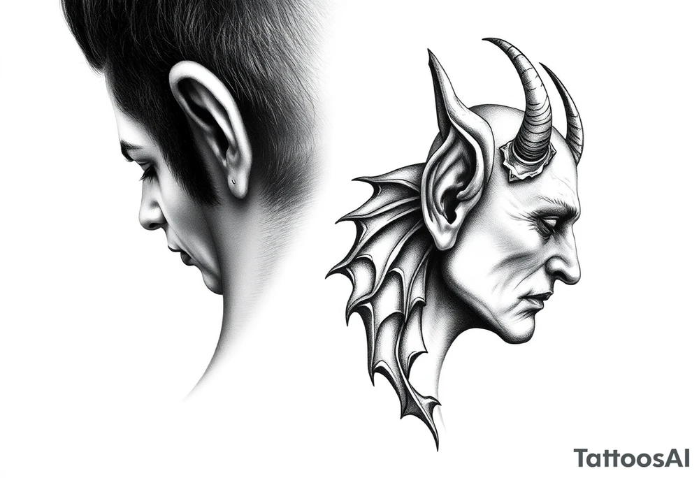 position behind the neck Angel (on the right) whispering in the right ear, demon (on the left) whispering in the left ear. It must be as realistic as possible. tattoo idea