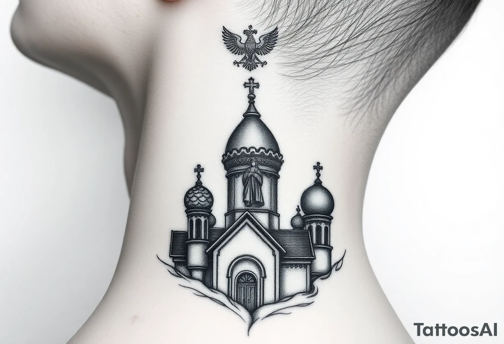 Flowing Scene

A onion domes orthodox church
Virgin Mary in prayer pose wrapping around the lower neck curve
A small double headed russian coat of arms eagle or just the star tucked above the dome near the hairline tattoo idea