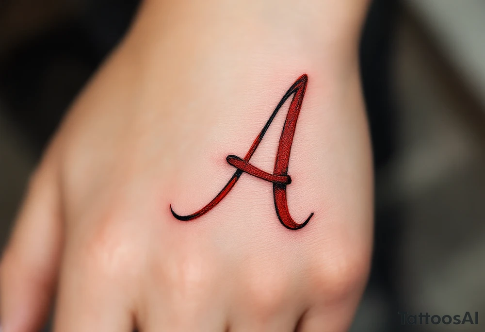 A script "A" formed by a red ribbon wrapping in the shape of the letter on one finger. tattoo idea