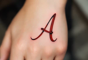 A script "A" formed by a red ribbon wrapping in the shape of the letter on one finger. tattoo idea