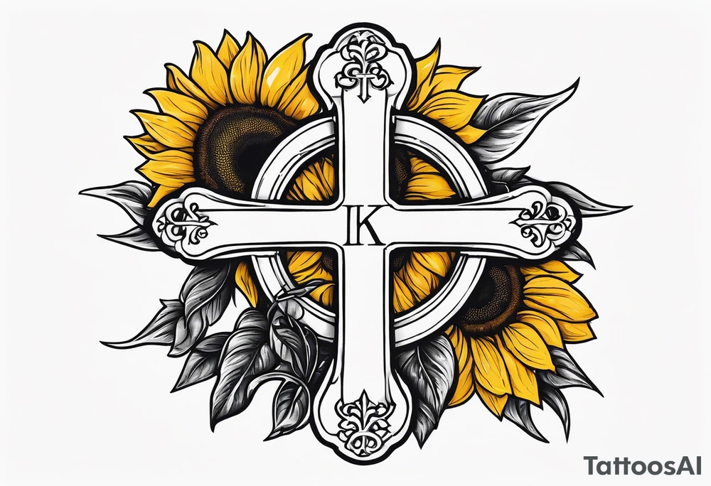 A central cross with the names Kyle Peter Lori on it with lighting a motorcycle and a sunflower around it tattoo idea