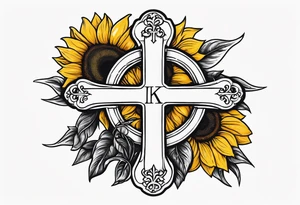 A central cross with the names Kyle Peter Lori on it with lighting a motorcycle and a sunflower around it tattoo idea
