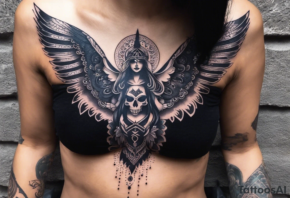 black kali, goddess pirate, alien, angel, pachamama, valkrye, warrior, flying, skull, lotus azul, wing, eagle, zenza resonance, stars, 5D, anahata chakra, death, durga, riding on a tiger, flying lady, chest tatoo tattoo idea