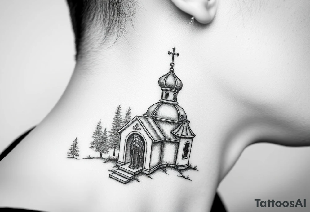 russian design traditional christian orthodox cross with a virgin mary stood beside the entrance of a russian orthodox dome church on the side of the neck in a wilderness setting with the design spread out the side of the neck tattoo idea