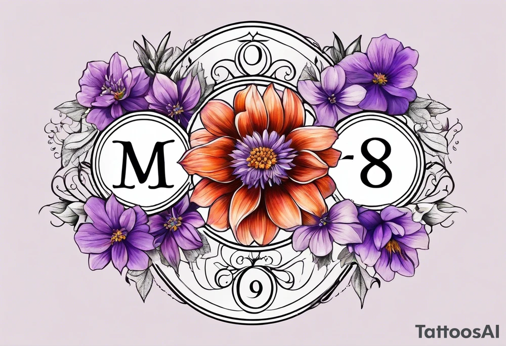 Infinity symbol made with violet, rose, larkspur and aster birth flowers on one
 side of the symbol the date 8.30.1997 on the other side tattoo idea