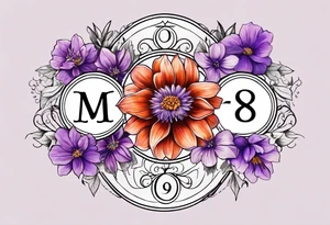 Infinity symbol made with violet, rose, larkspur and aster birth flowers on one
 side of the symbol the date 8.30.1997 on the other side tattoo idea