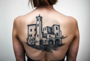 Vele di Scampia ruined and covered in graffiti, large tattoo, lower back area tattoo idea