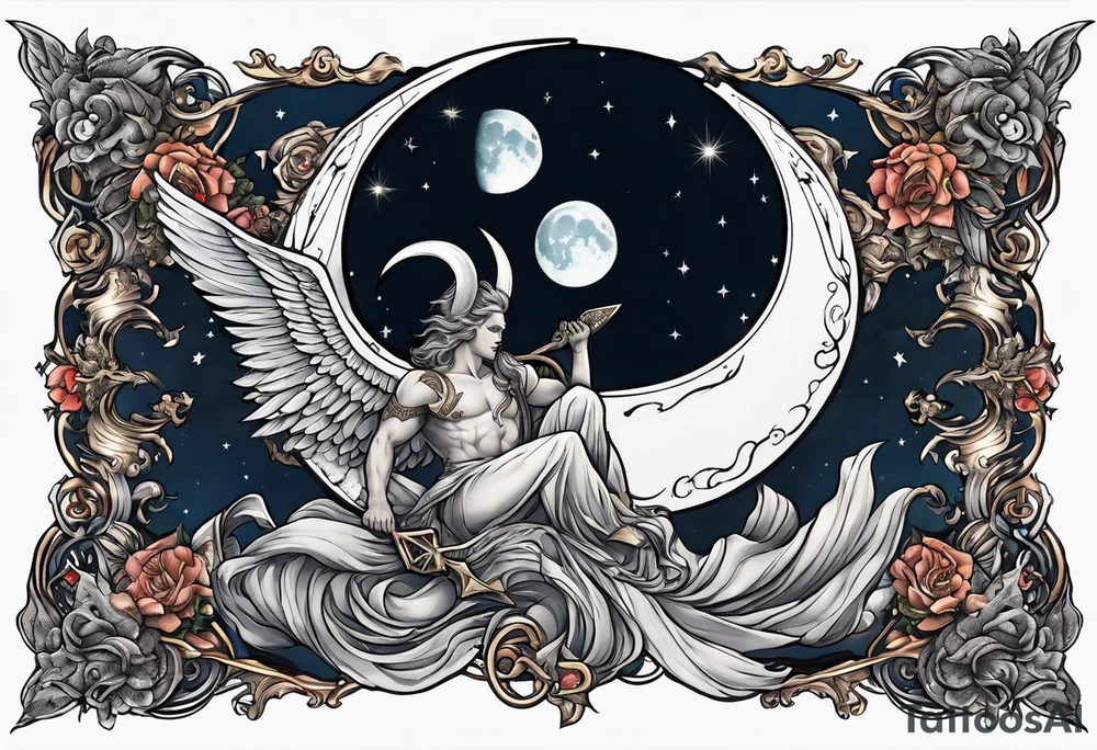 Devil in form of half snake half male angel surround the moon in the night sky tattoo idea